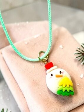 Snowman Partridge in a Pear Tree necklace with a mint green cord
